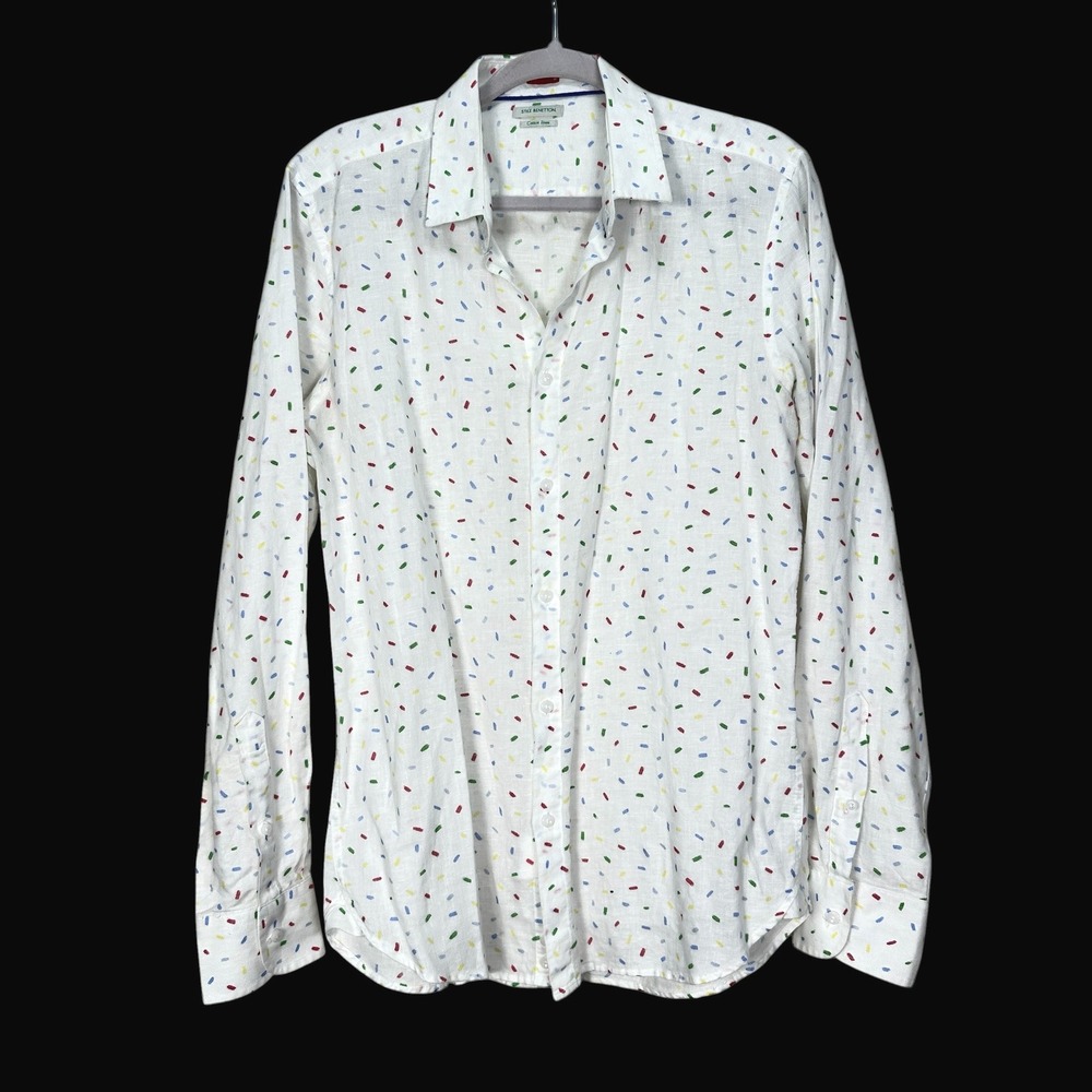 Stile Benetton Women White Confetti Print Cotton Linen‎ Slim Fit Button Down L